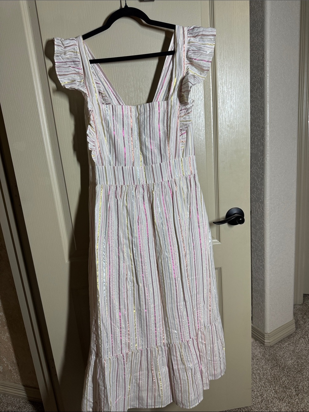 LOFT White Flutter Sleeve Sundress with Pink and Gold Stripes Size 10